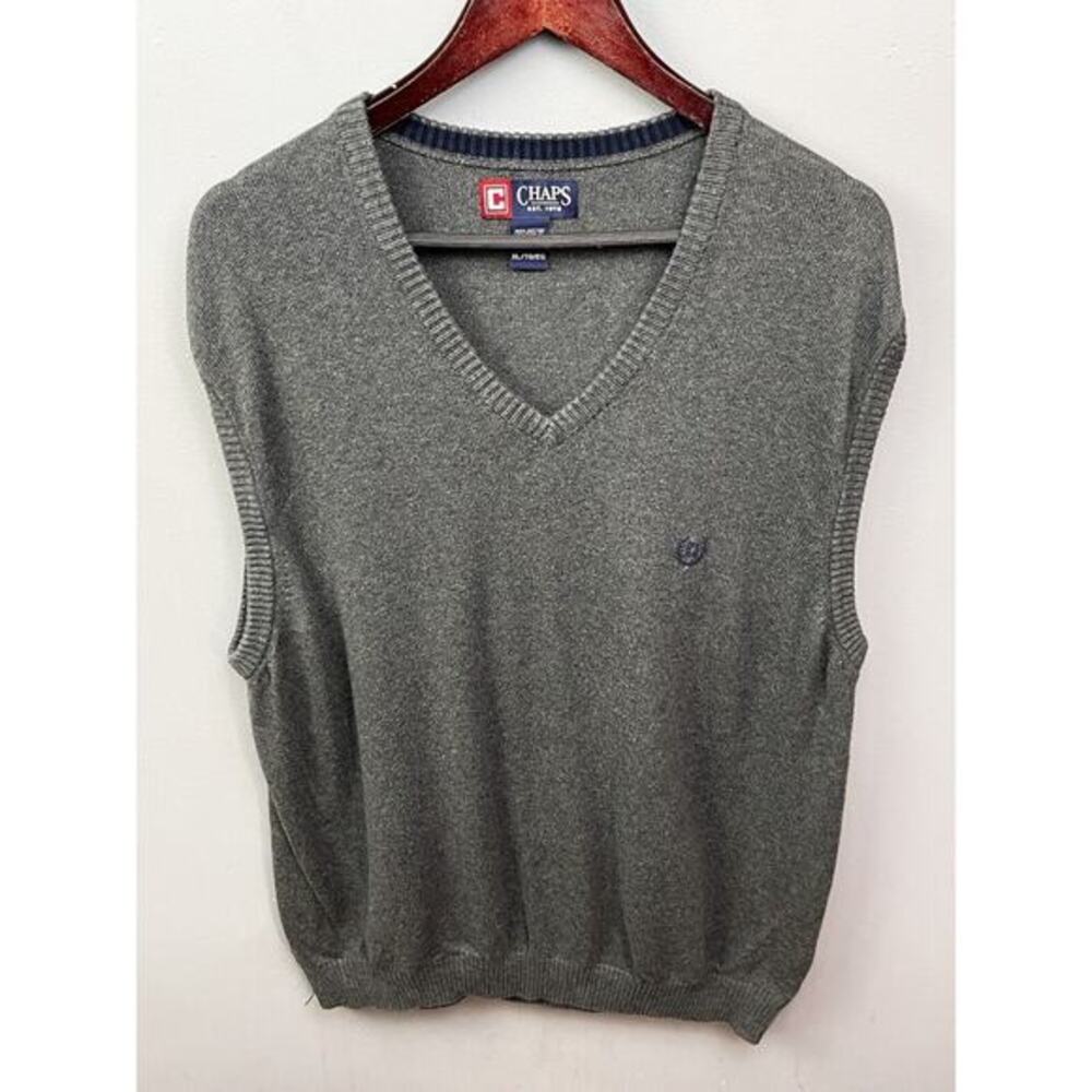 Mens Chaps Pullover Sweater Vest XL Gray Knit V Neck Classic Preppy Golf